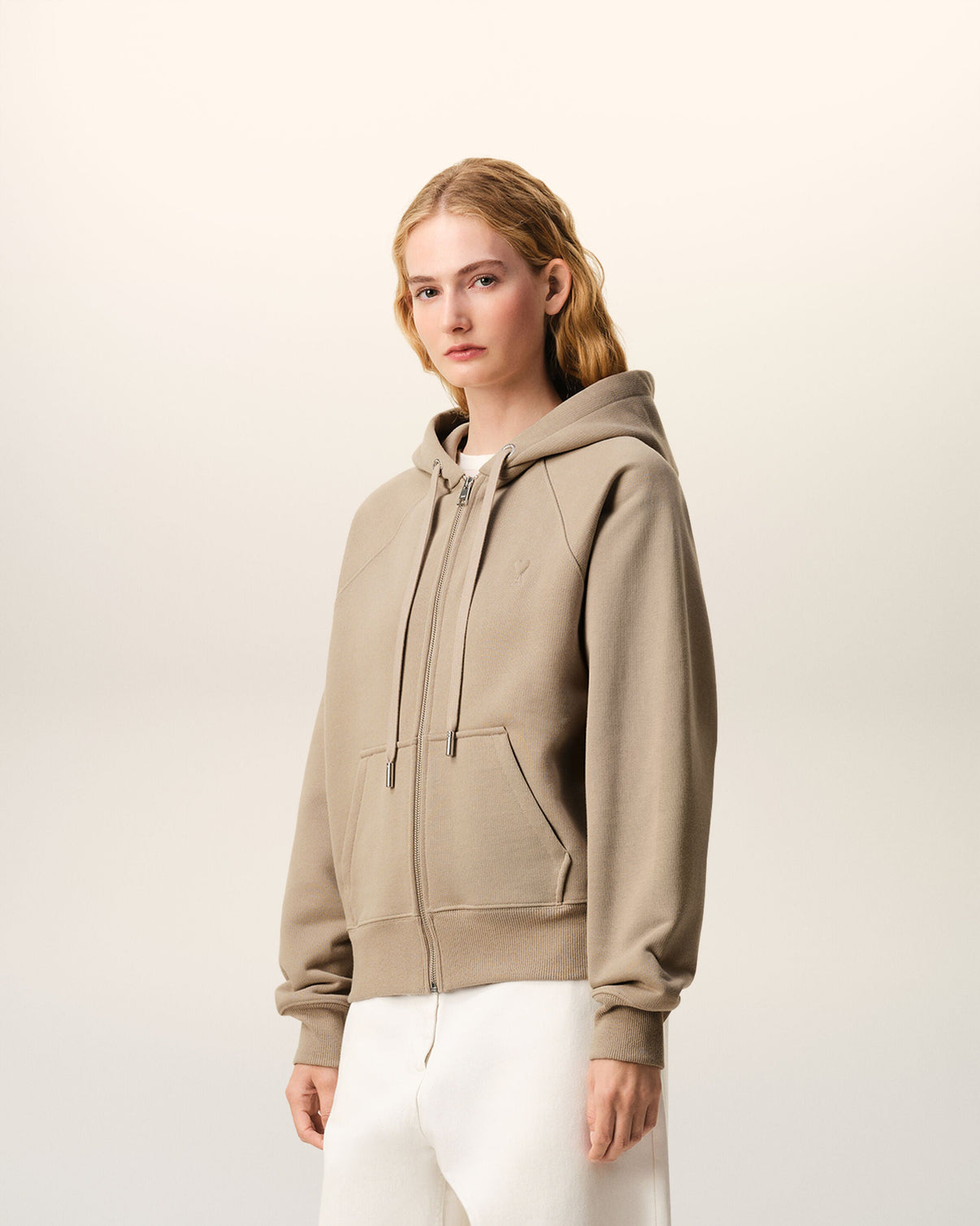 Beige Cotton Embossed Zipped Hoodie