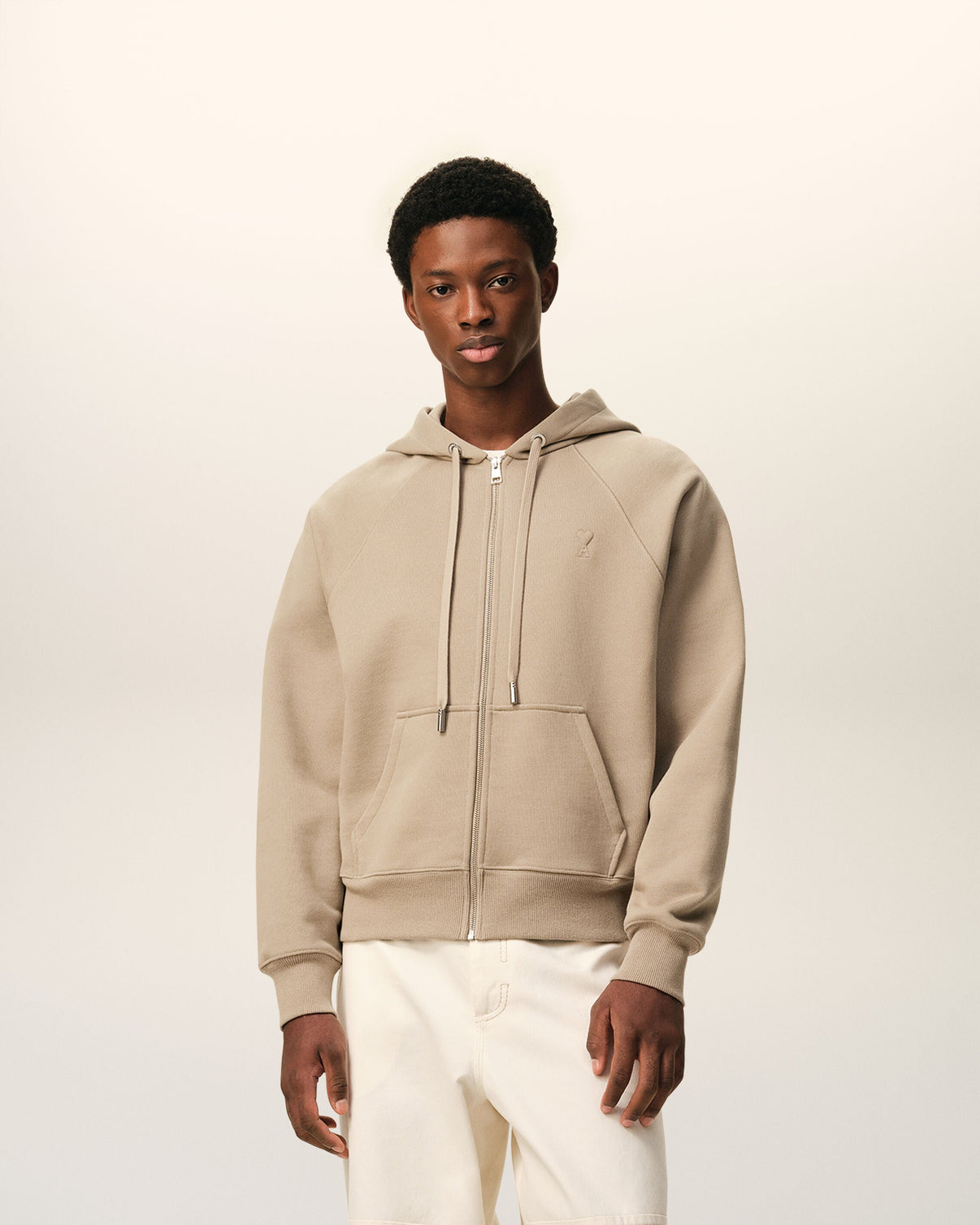 Beige Cotton Embossed Zipped Hoodie