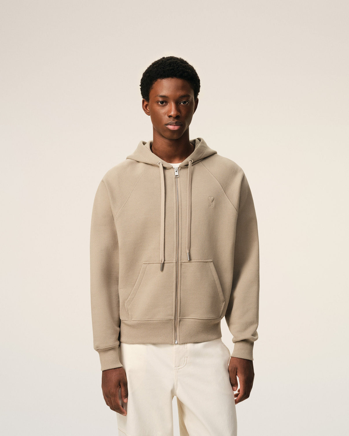 Beige Cotton Embossed Zipped Hoodie