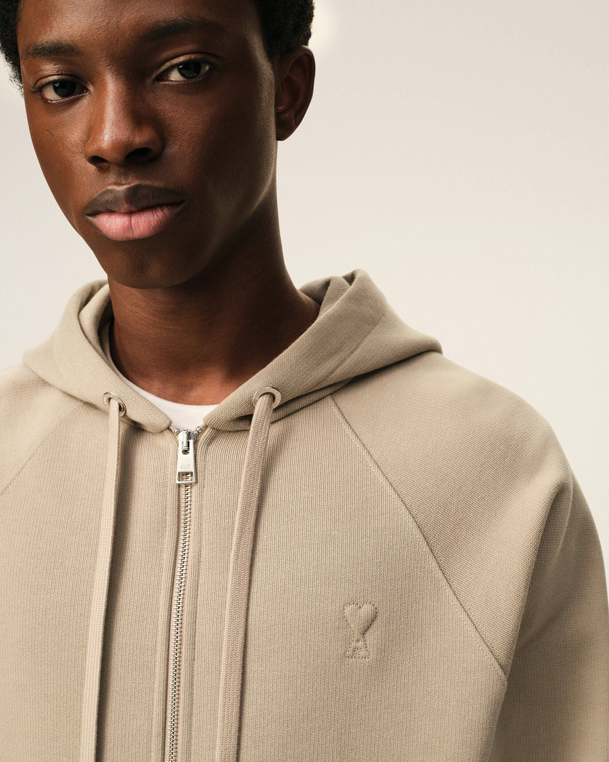 Beige Cotton Embossed Zipped Hoodie