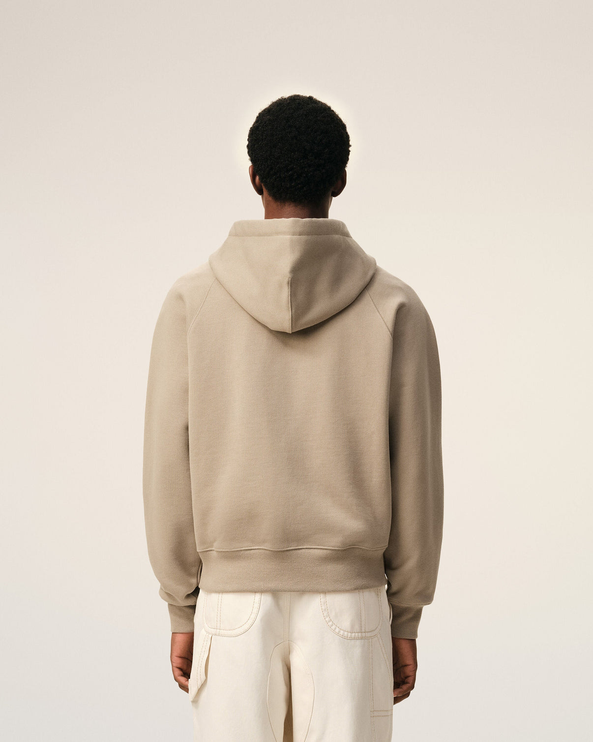 Beige Cotton Embossed Zipped Hoodie