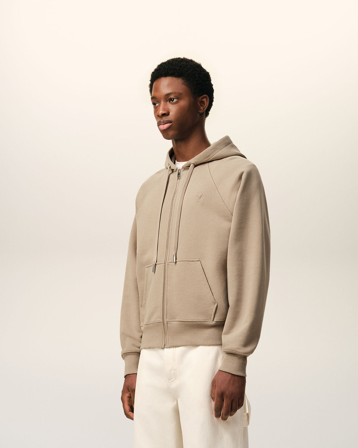 Beige Cotton Embossed Zipped Hoodie