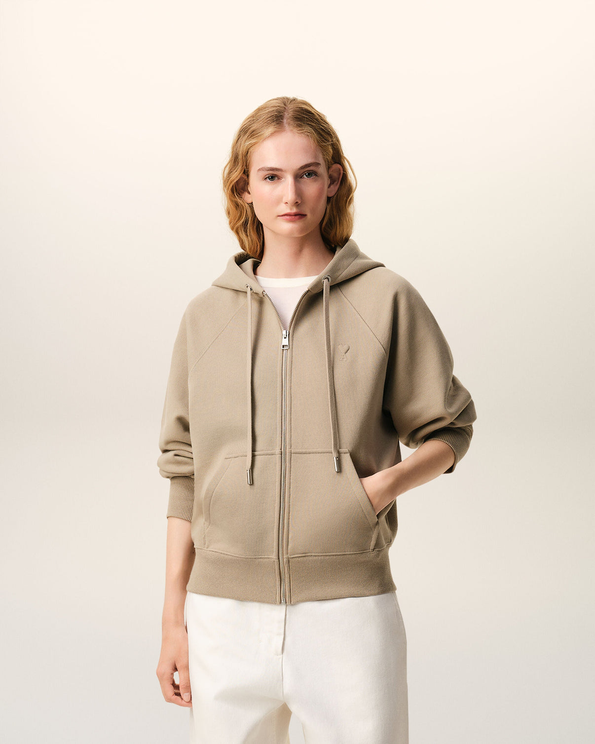 Beige Cotton Embossed Zipped Hoodie