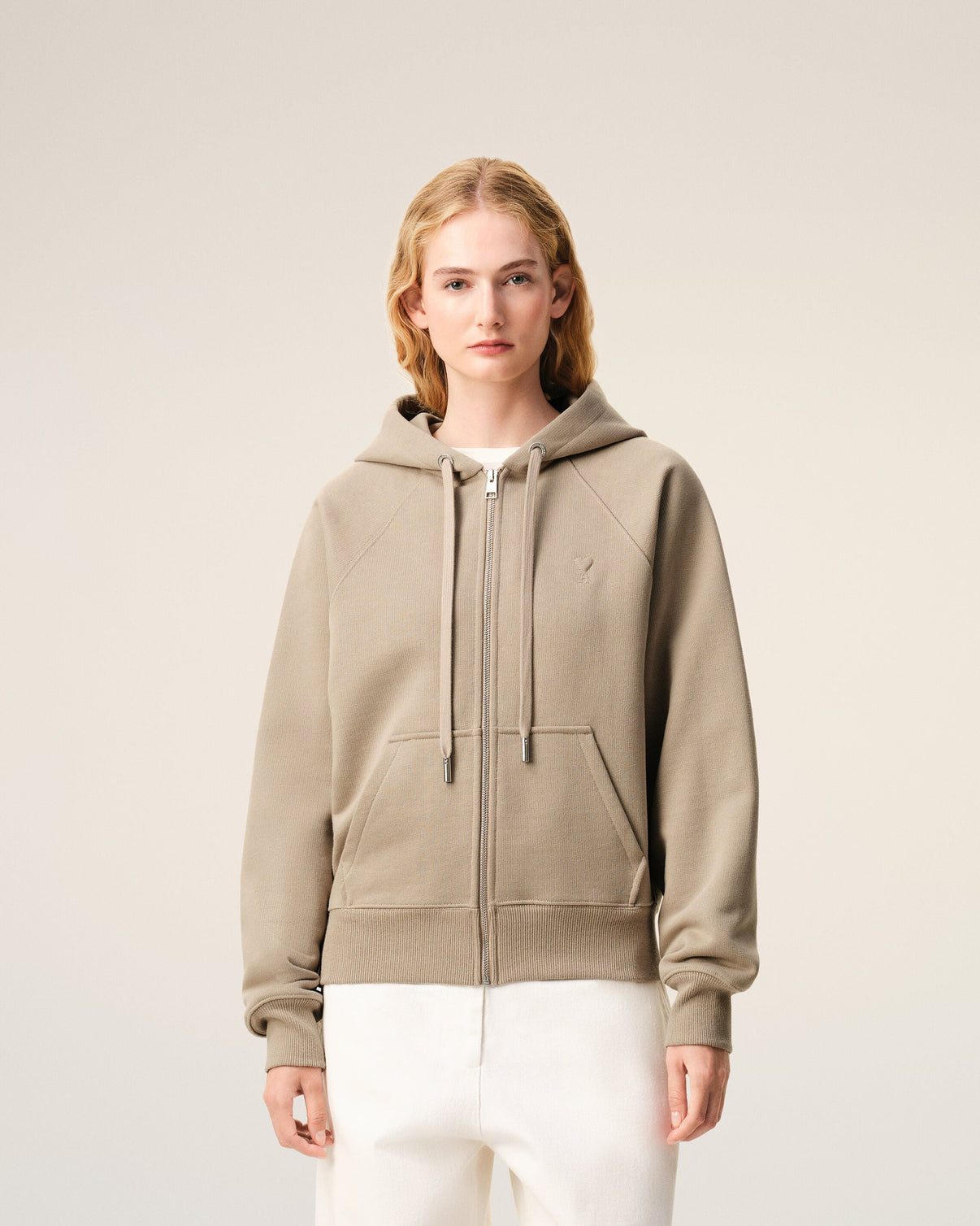 Beige Cotton Embossed Zipped Hoodie