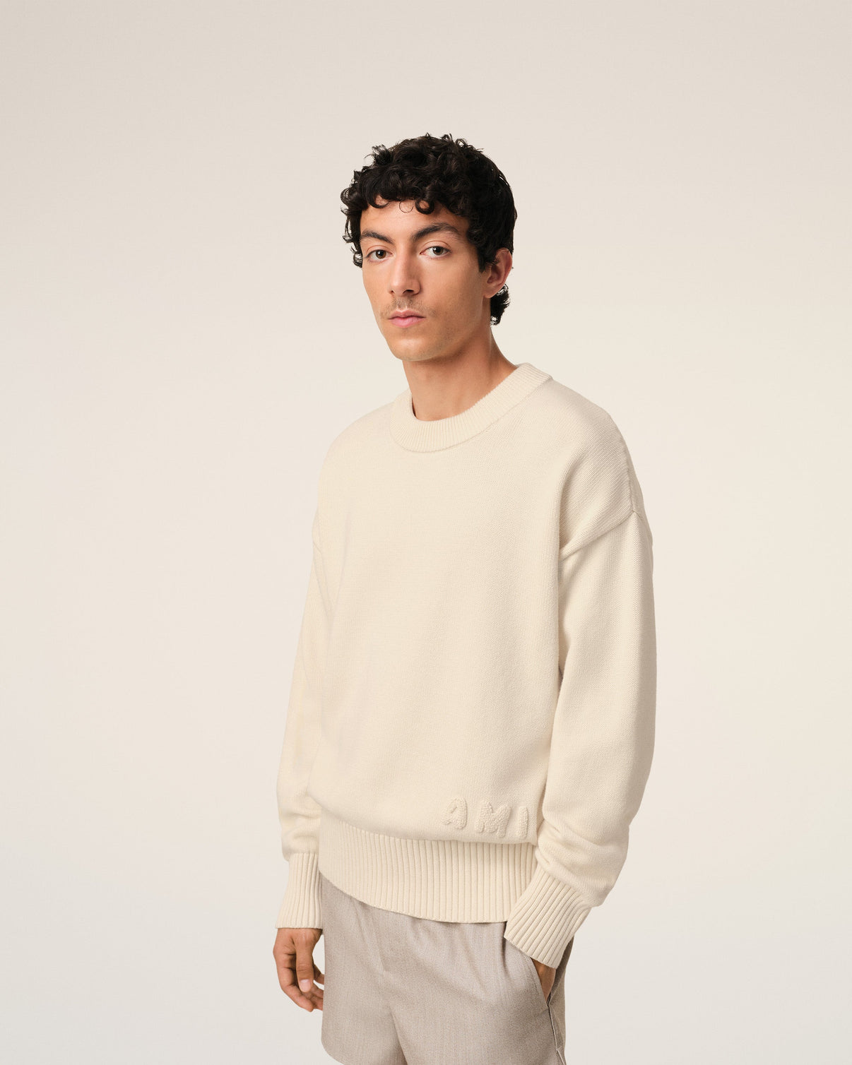 Beige Cotton Embroidered Crewneck Sweater