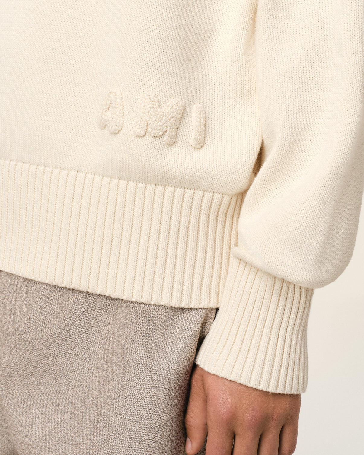 Beige Cotton Embroidered Crewneck Sweater