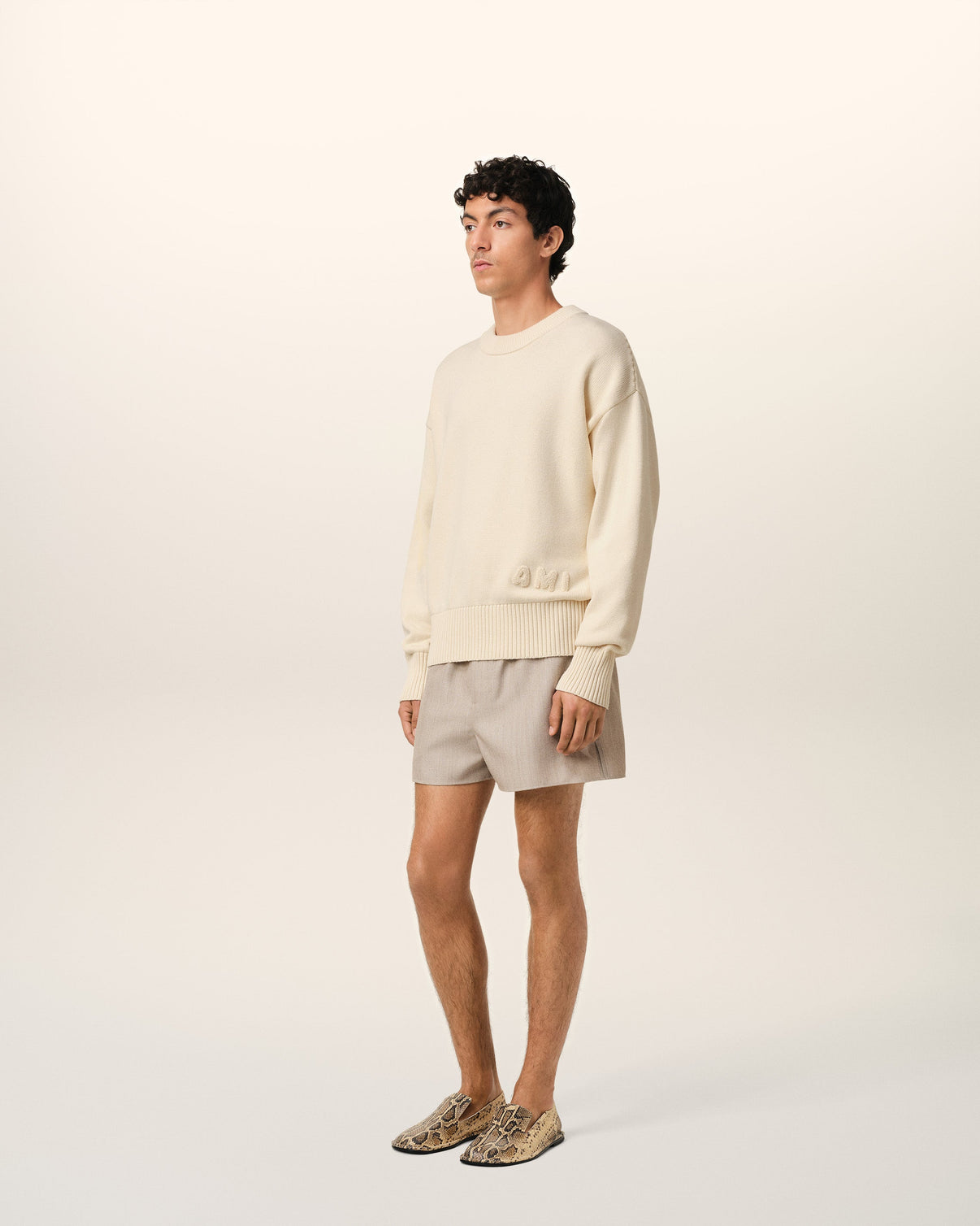 Beige Cotton Embroidered Crewneck Sweater