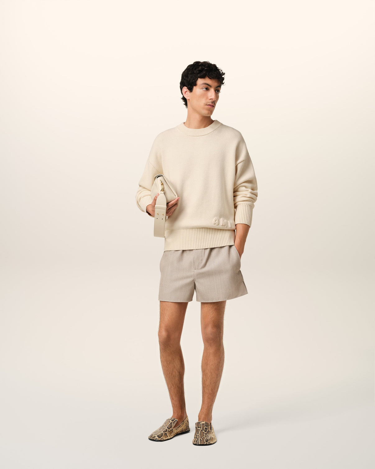 Beige Cotton Embroidered Crewneck Sweater