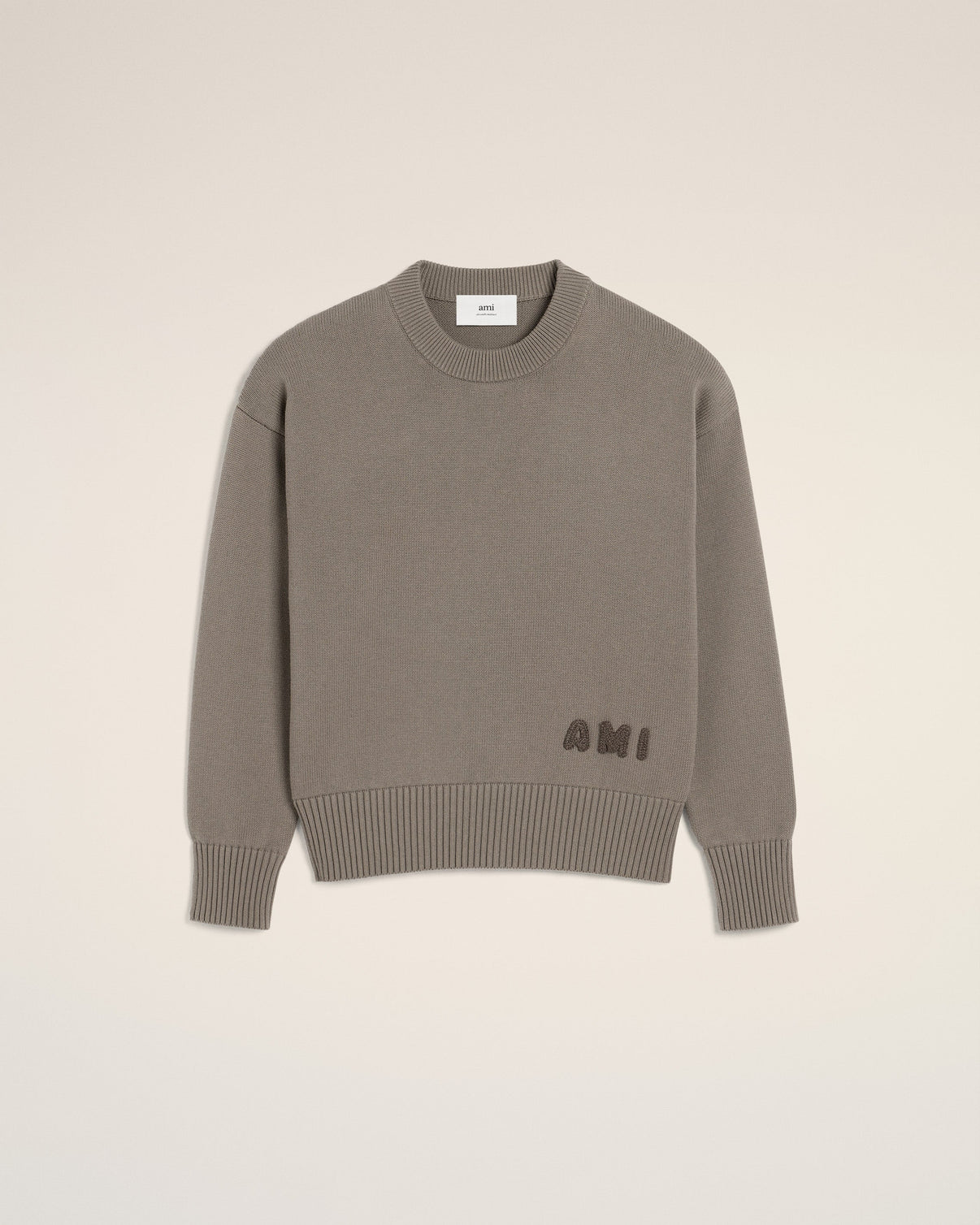 Beige Cotton Embroidered Crewneck Sweater