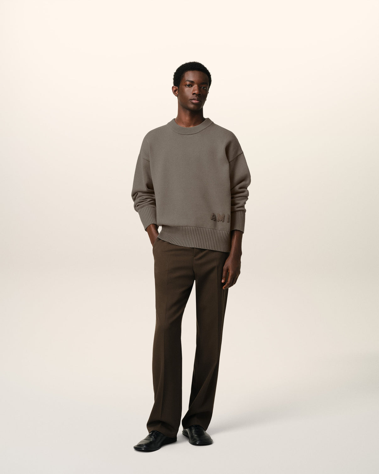 Beige Cotton Embroidered Crewneck Sweater