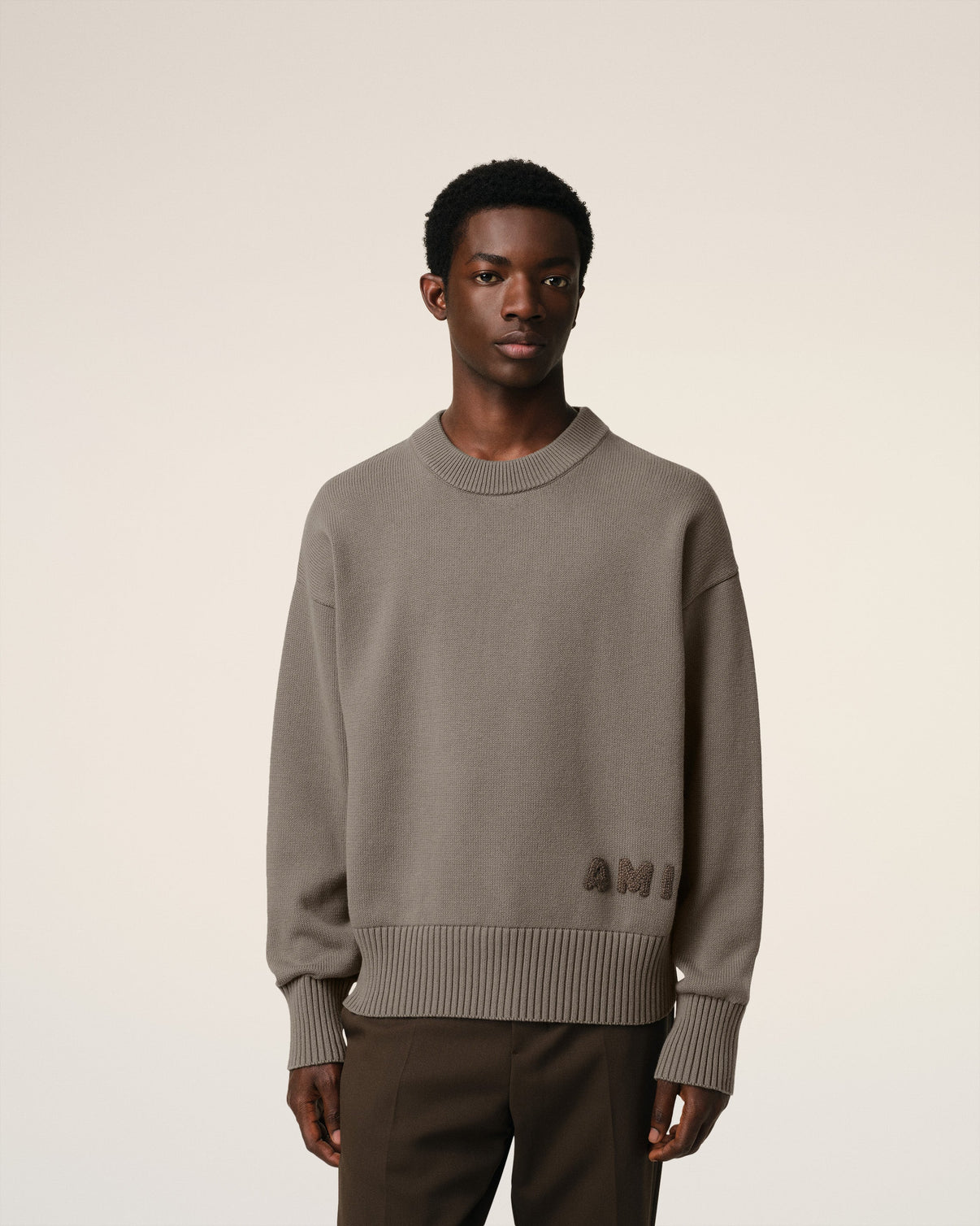 Beige Cotton Embroidered Crewneck Sweater