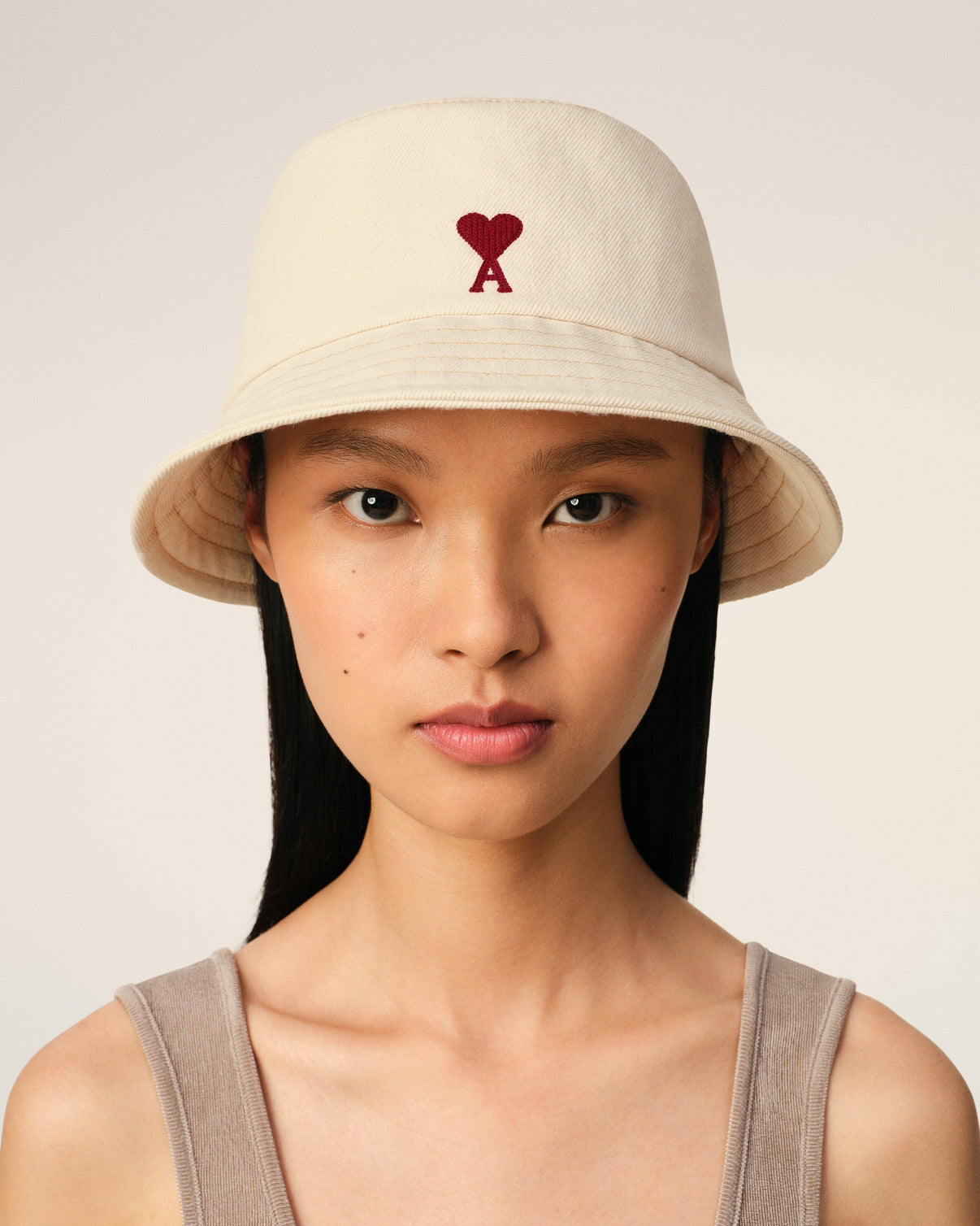 Beige Cotton Embroidery Bucket Hat