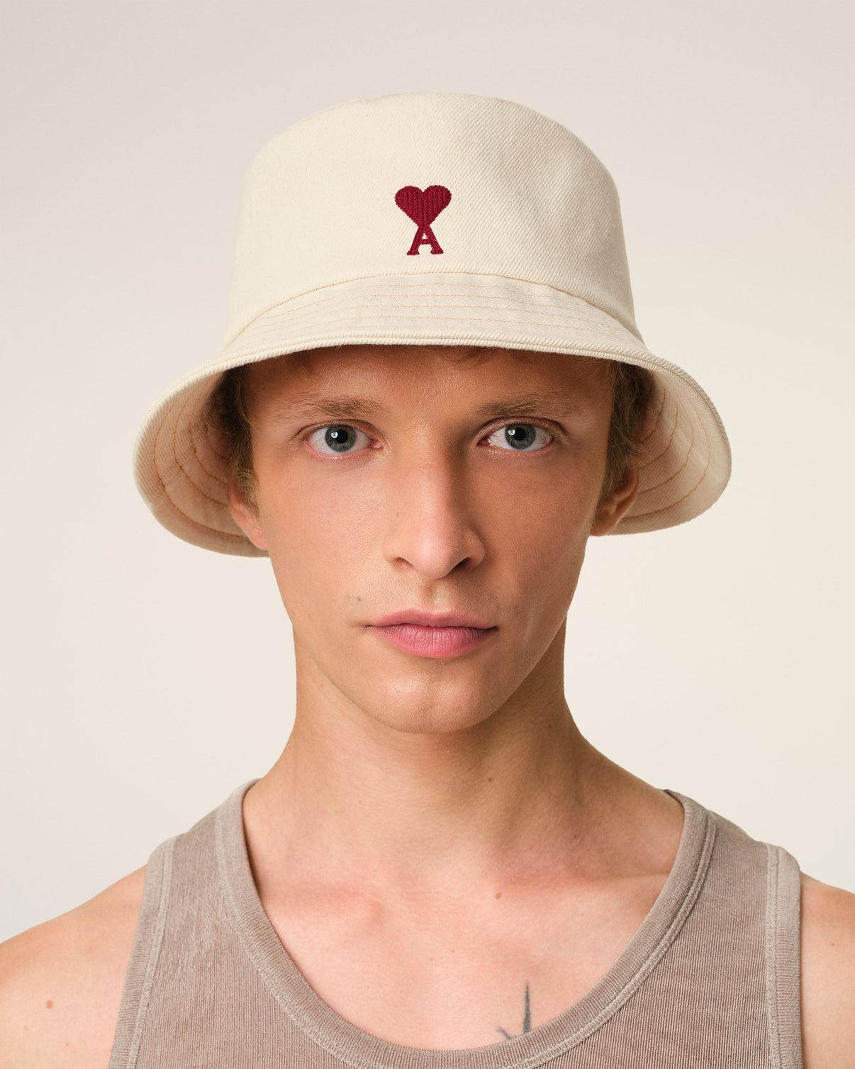 Beige Cotton Embroidery Bucket Hat