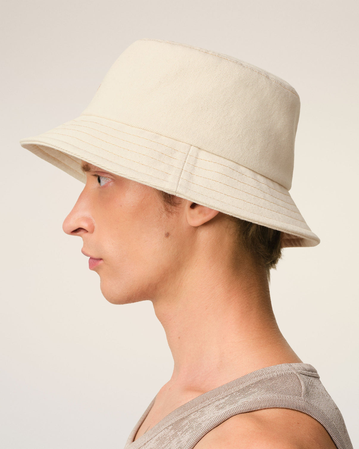 Beige Cotton Embroidery Bucket Hat