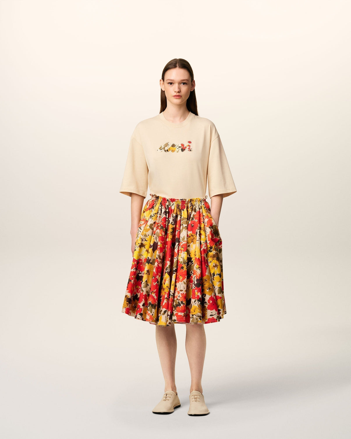 Beige Cotton Floral Patch T-Shirt