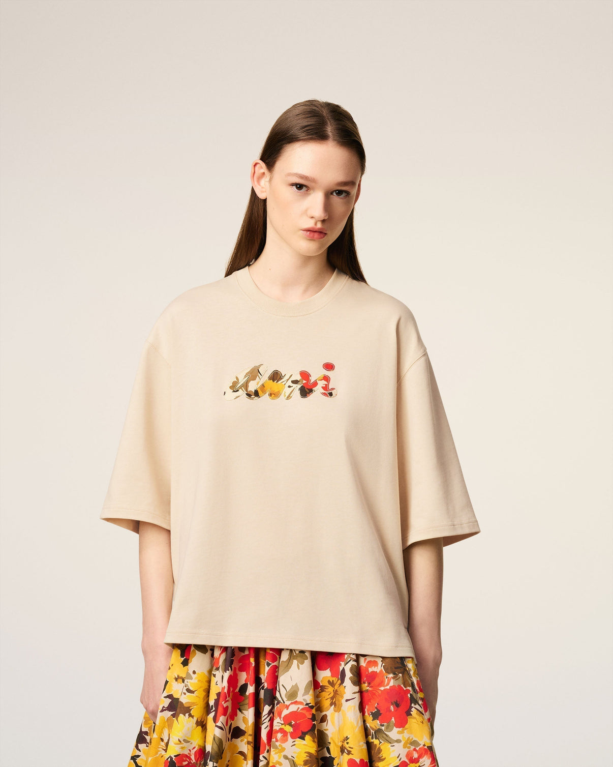 Beige Cotton Floral Patch T-Shirt