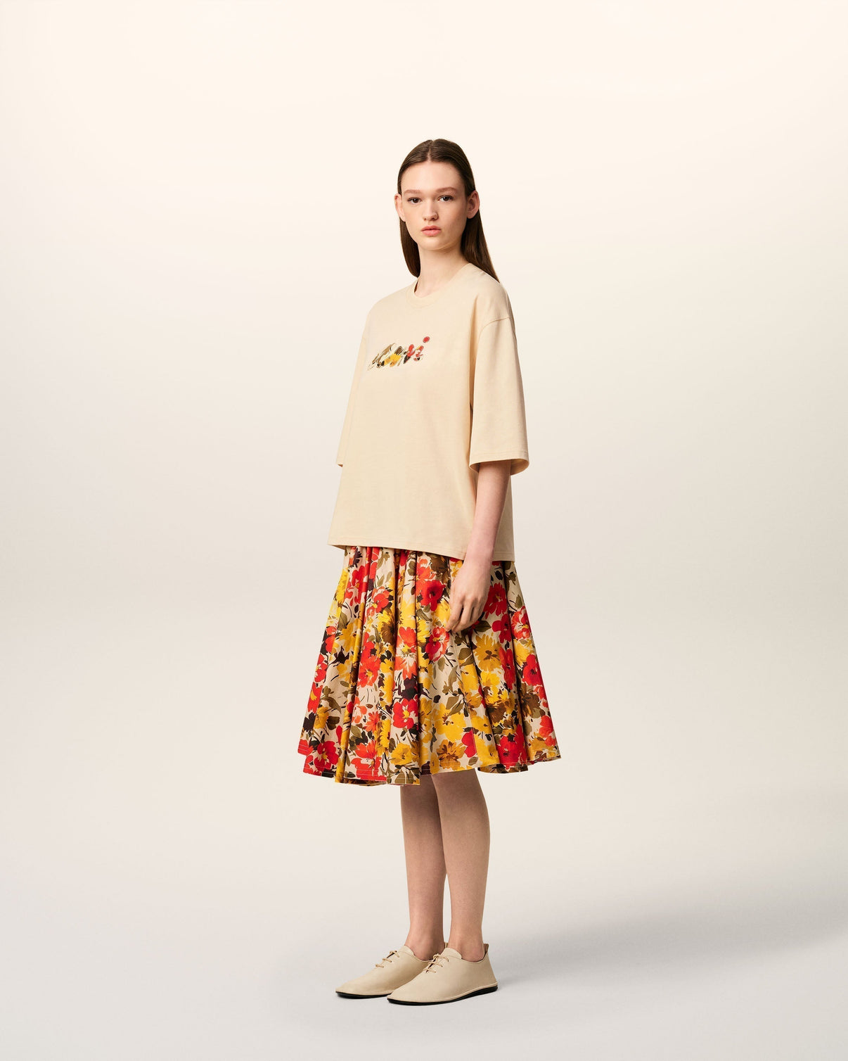 Beige Cotton Floral Patch T-Shirt
