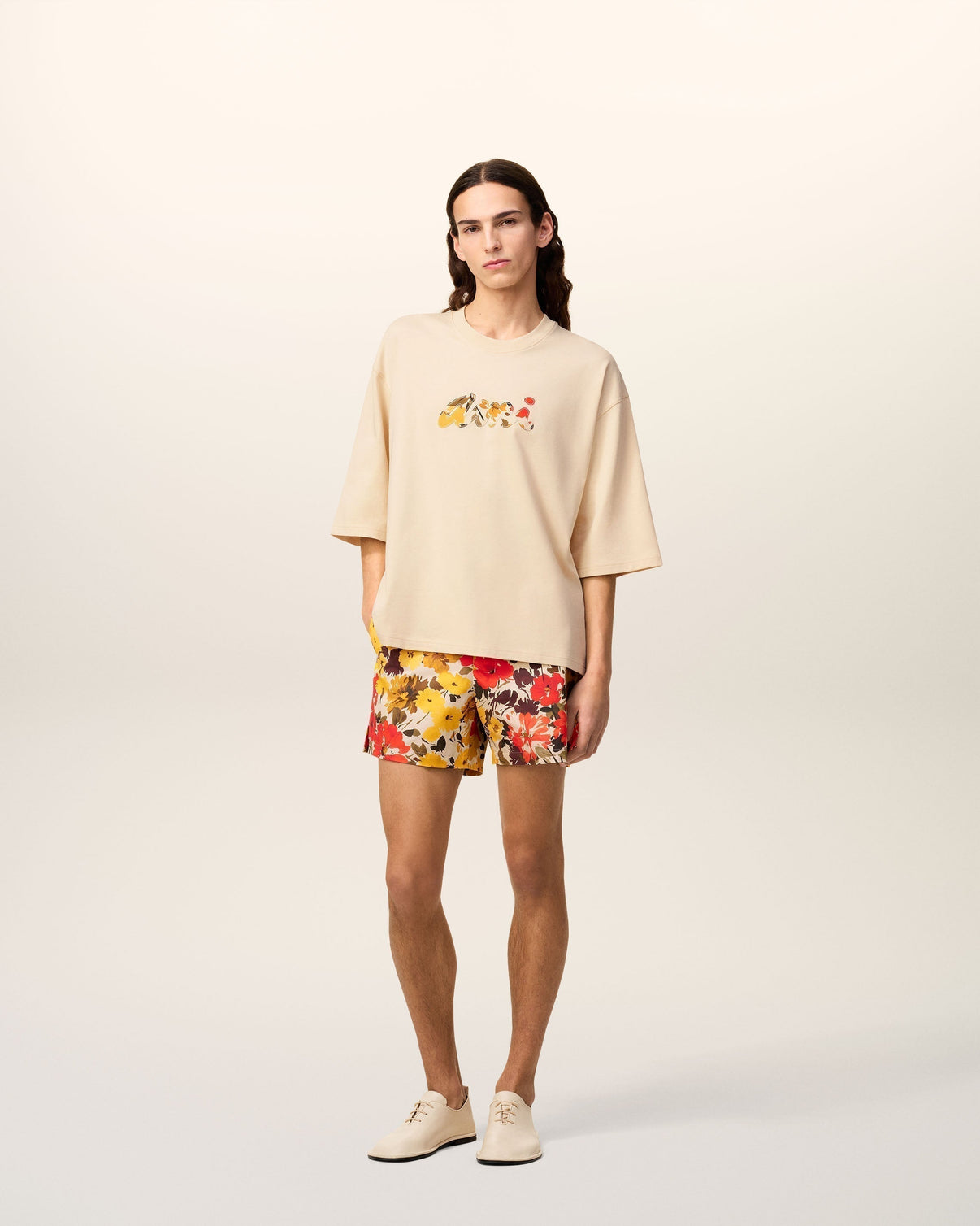 Beige Cotton Floral Patch T-Shirt