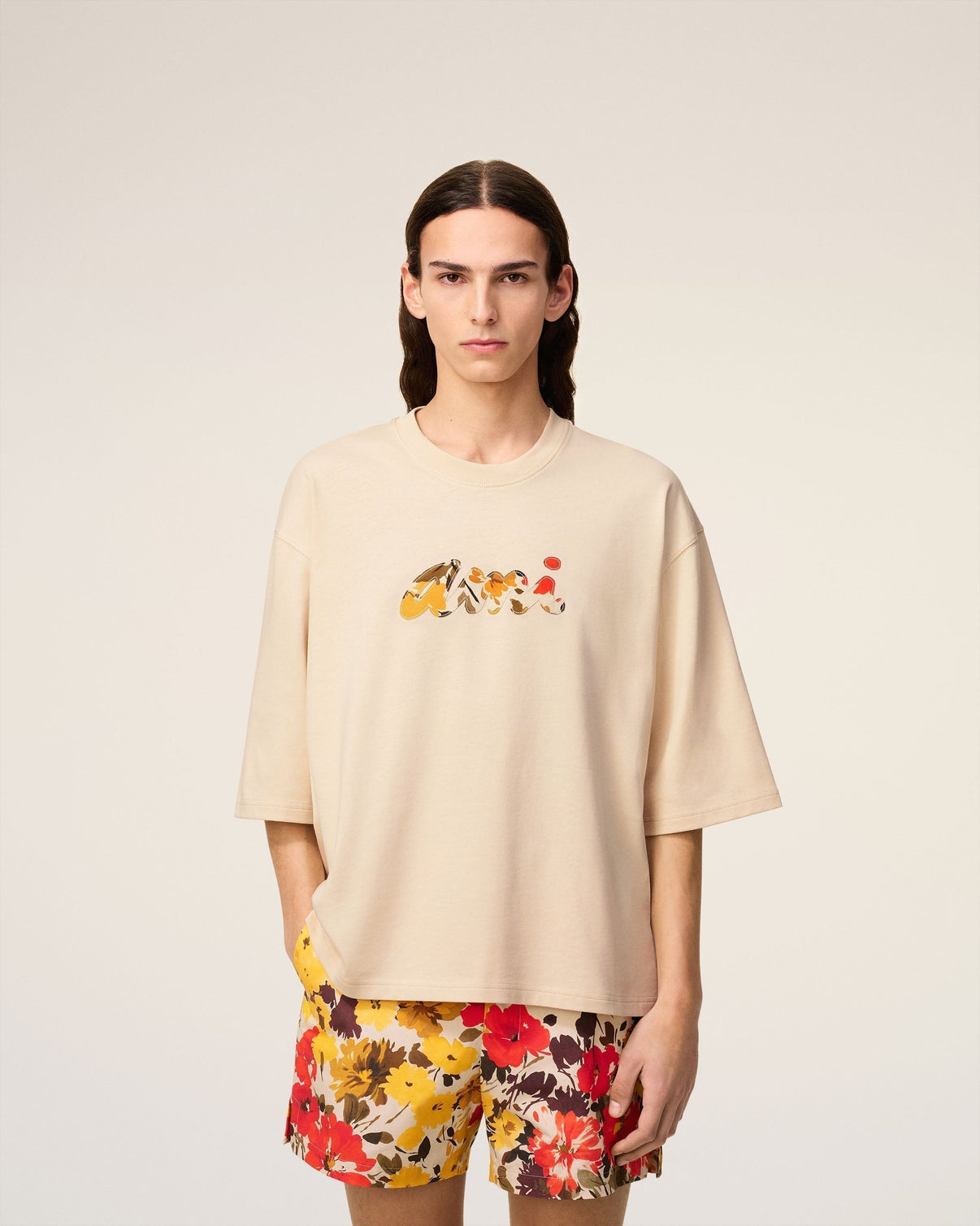 Beige Cotton Floral Patch T-Shirt