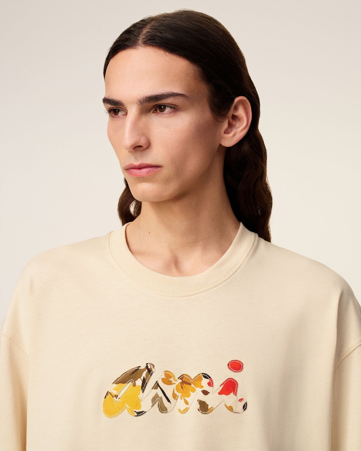 Beige Cotton Floral Patch T-Shirt