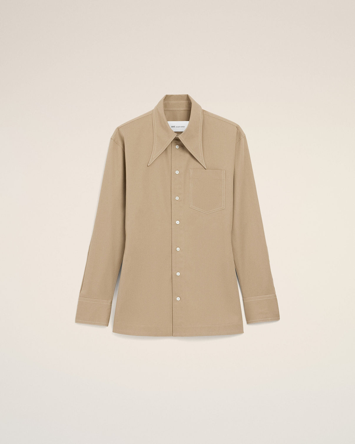 Beige Cotton Sharp Collar Fitted Shirt