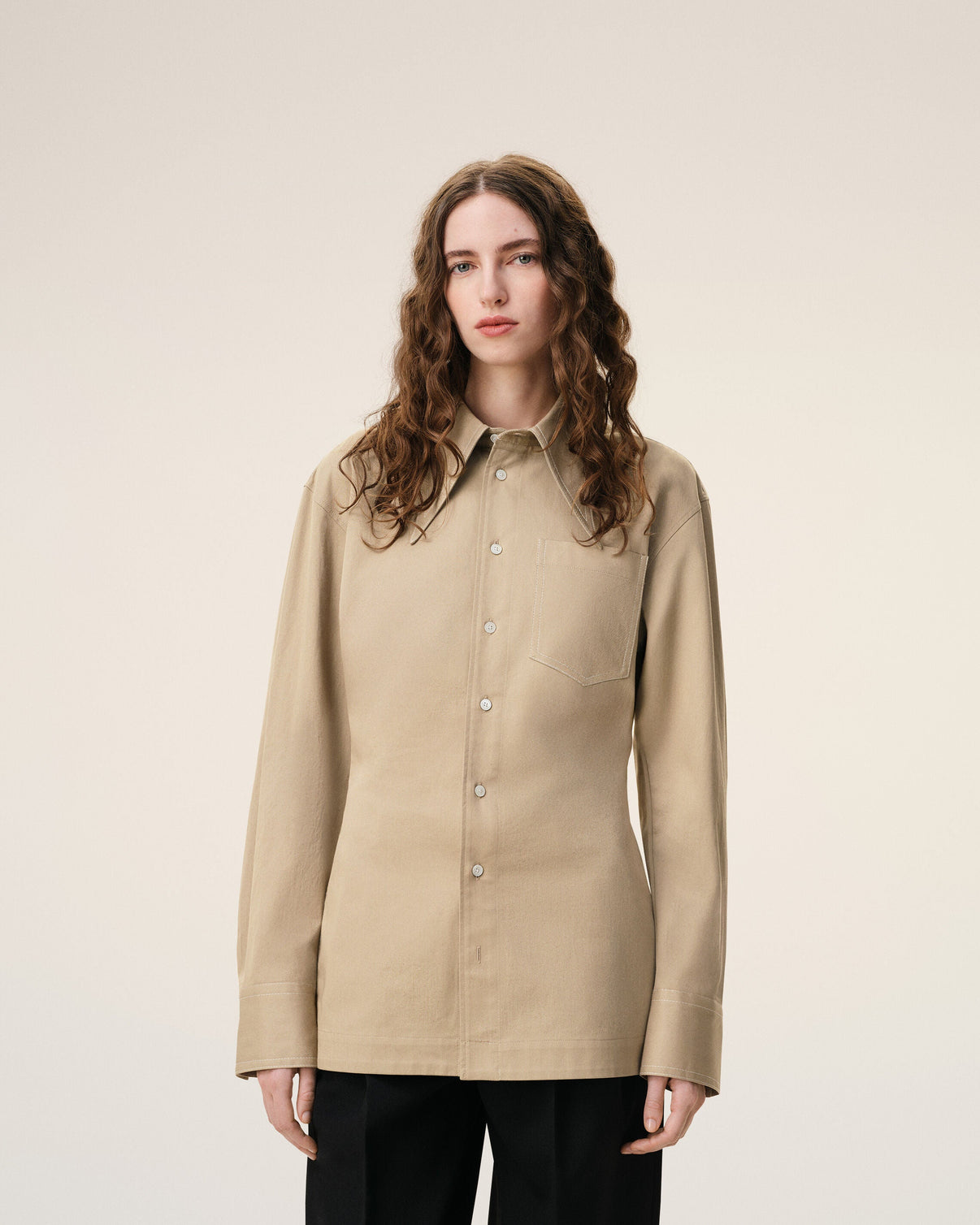 Beige Cotton Sharp Collar Fitted Shirt