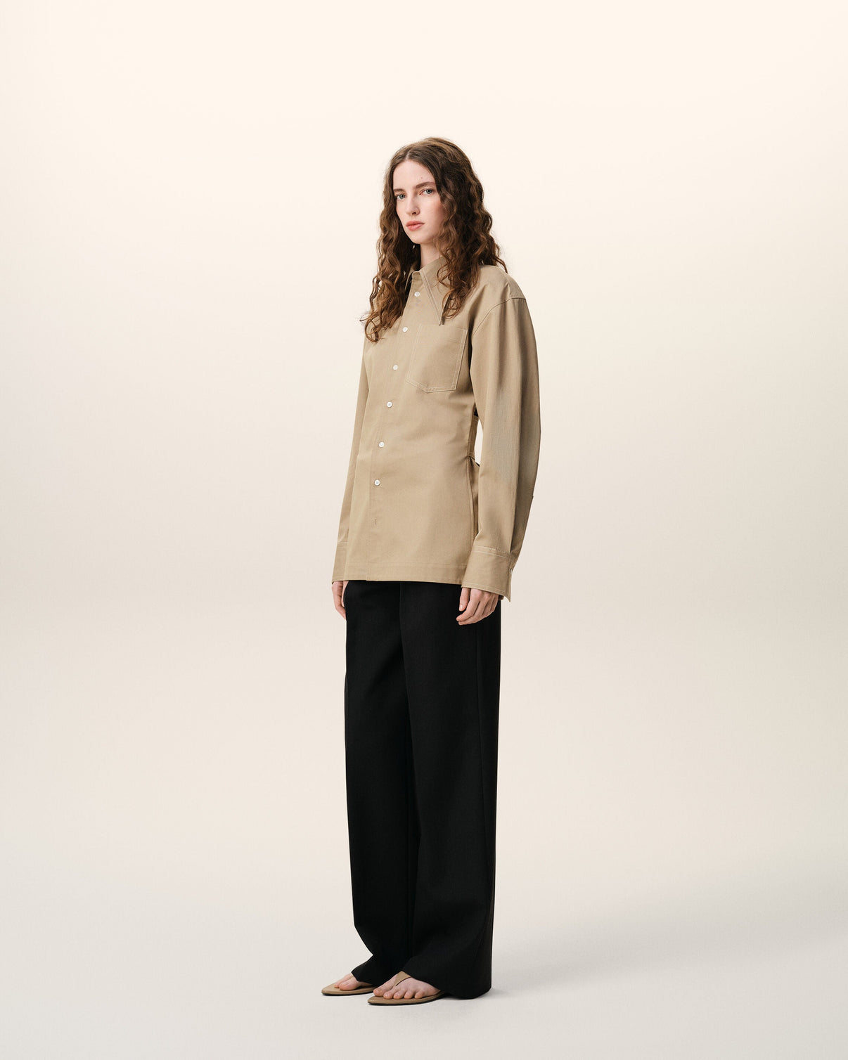 Beige Cotton Sharp Collar Fitted Shirt