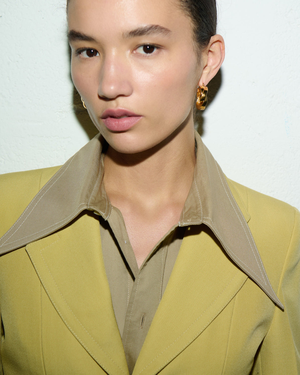 Beige Cotton Sharp Collar Fitted Shirt