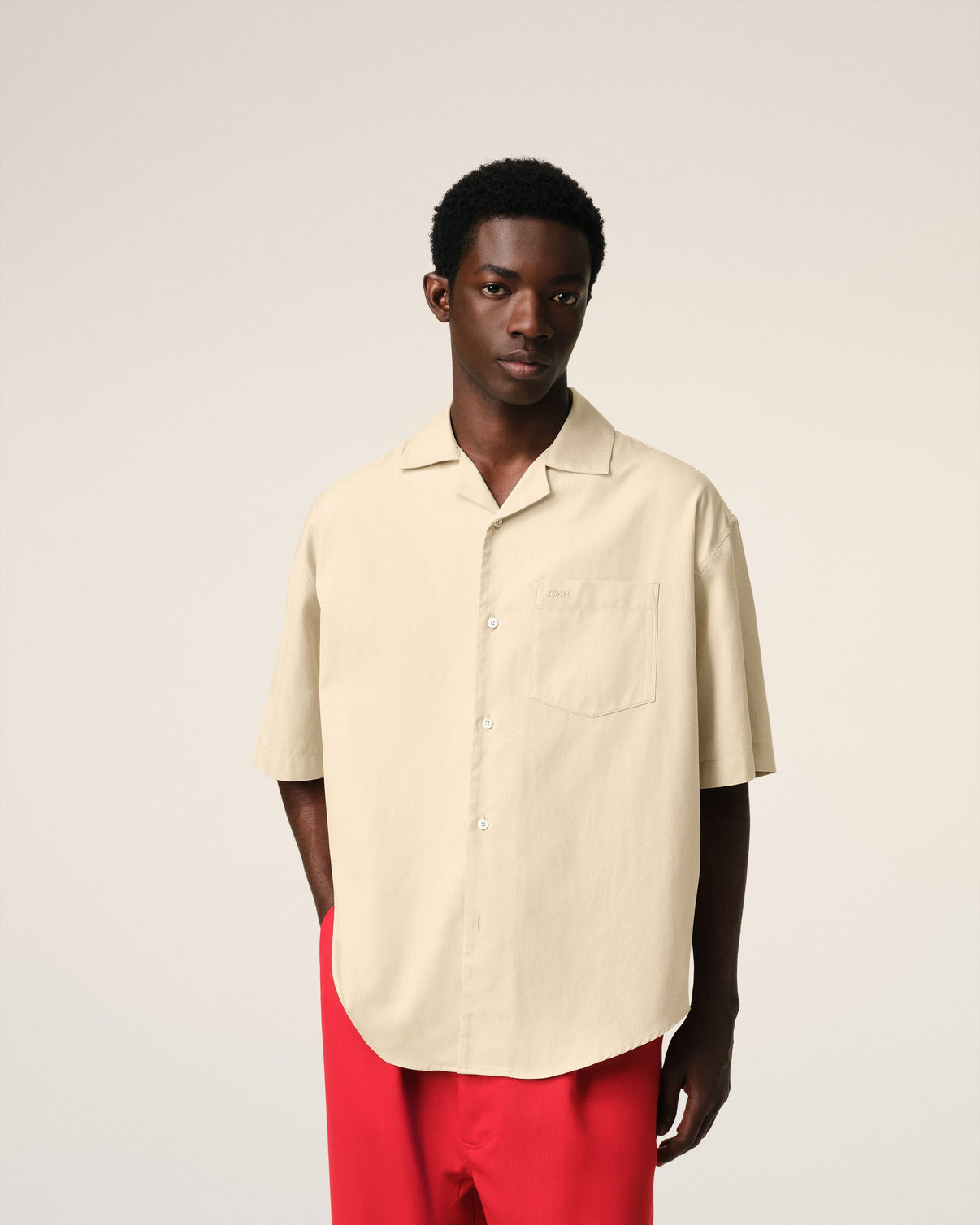 Beige Cotton Short Sleeve Boxy Shirt