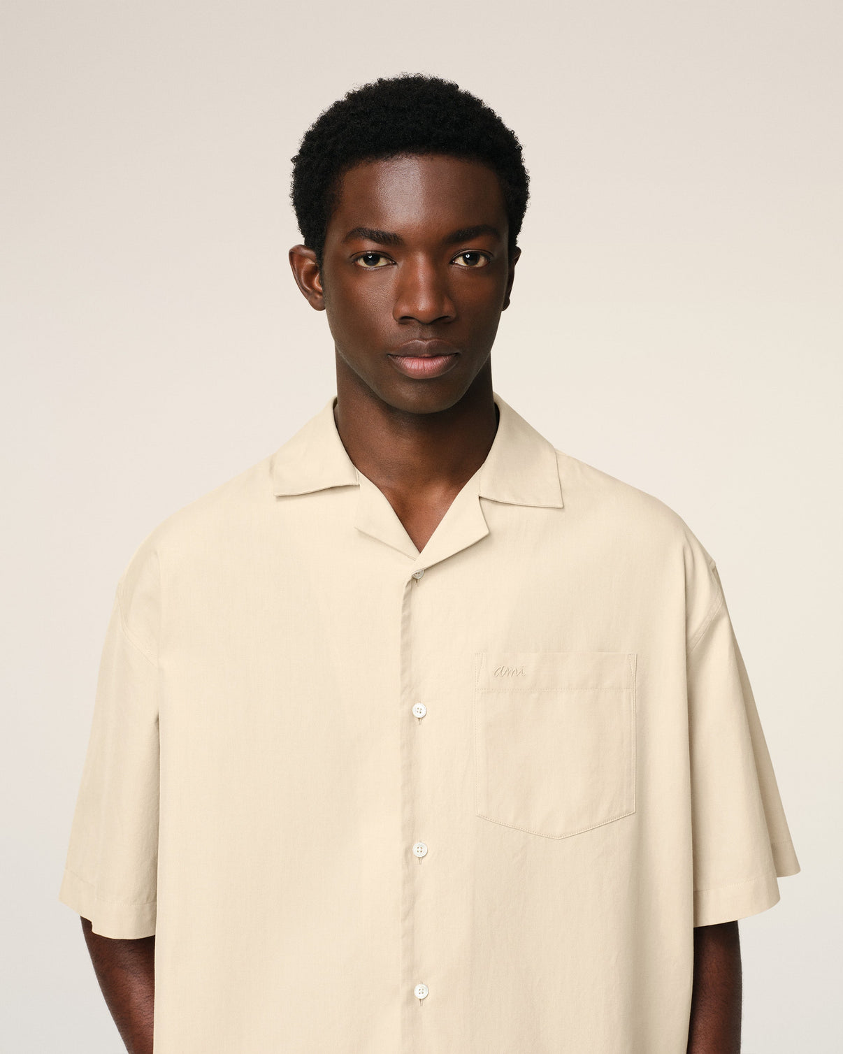 Beige Cotton Short Sleeve Boxy Shirt