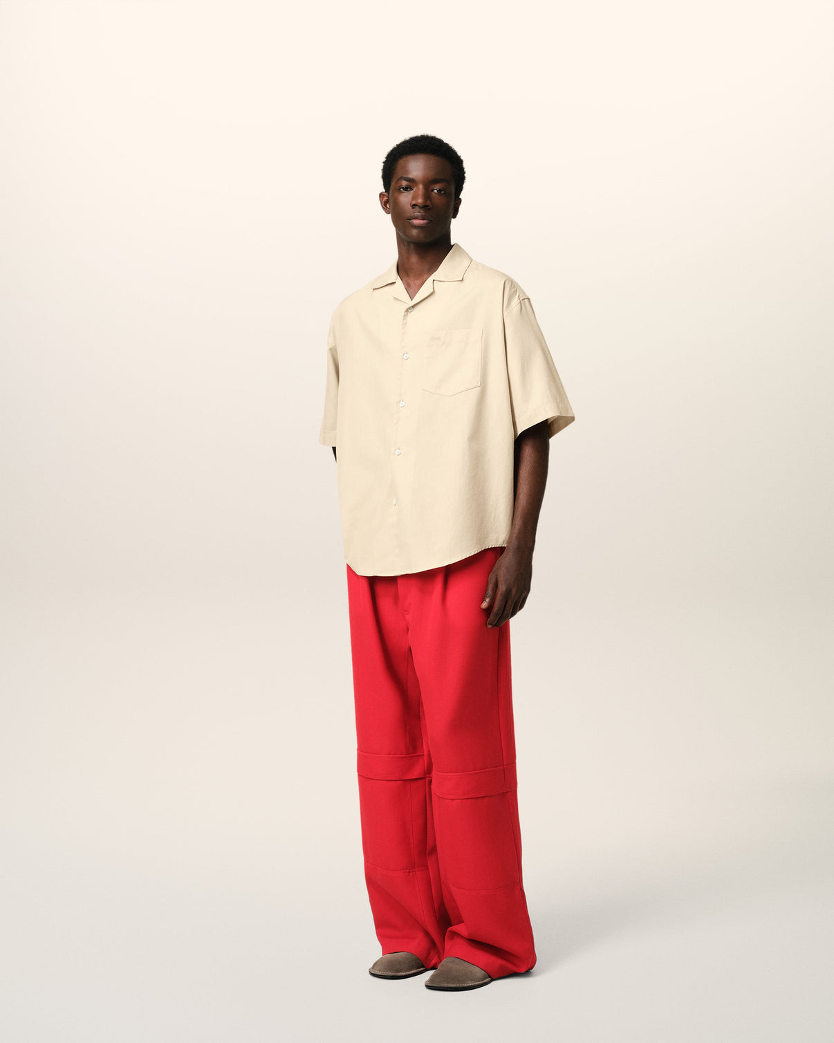 Beige Cotton Short Sleeve Boxy Shirt