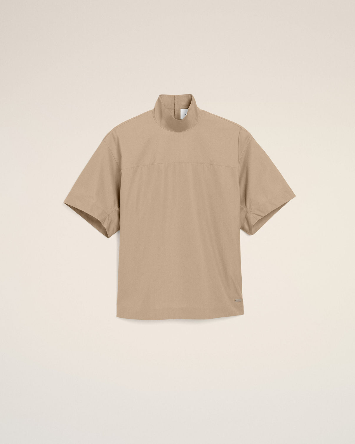 Beige Cotton Stand Up Collar Buttoned Top