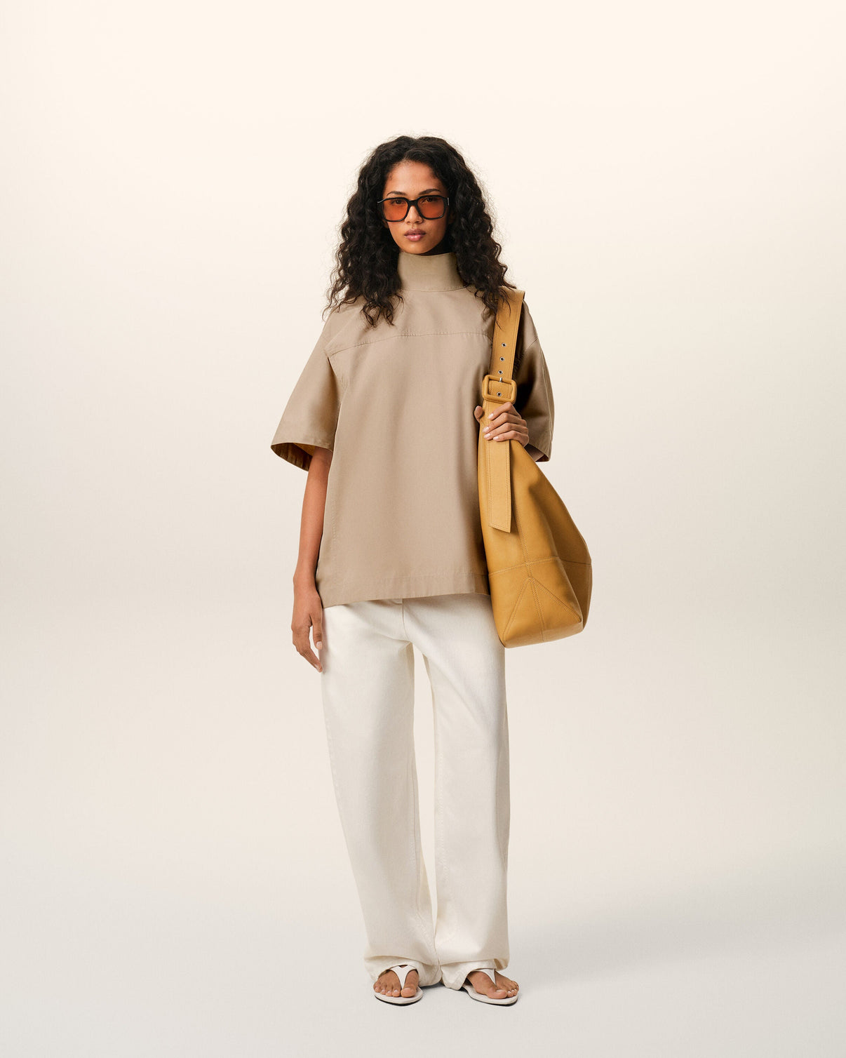 Beige Cotton Stand Up Collar Buttoned Top