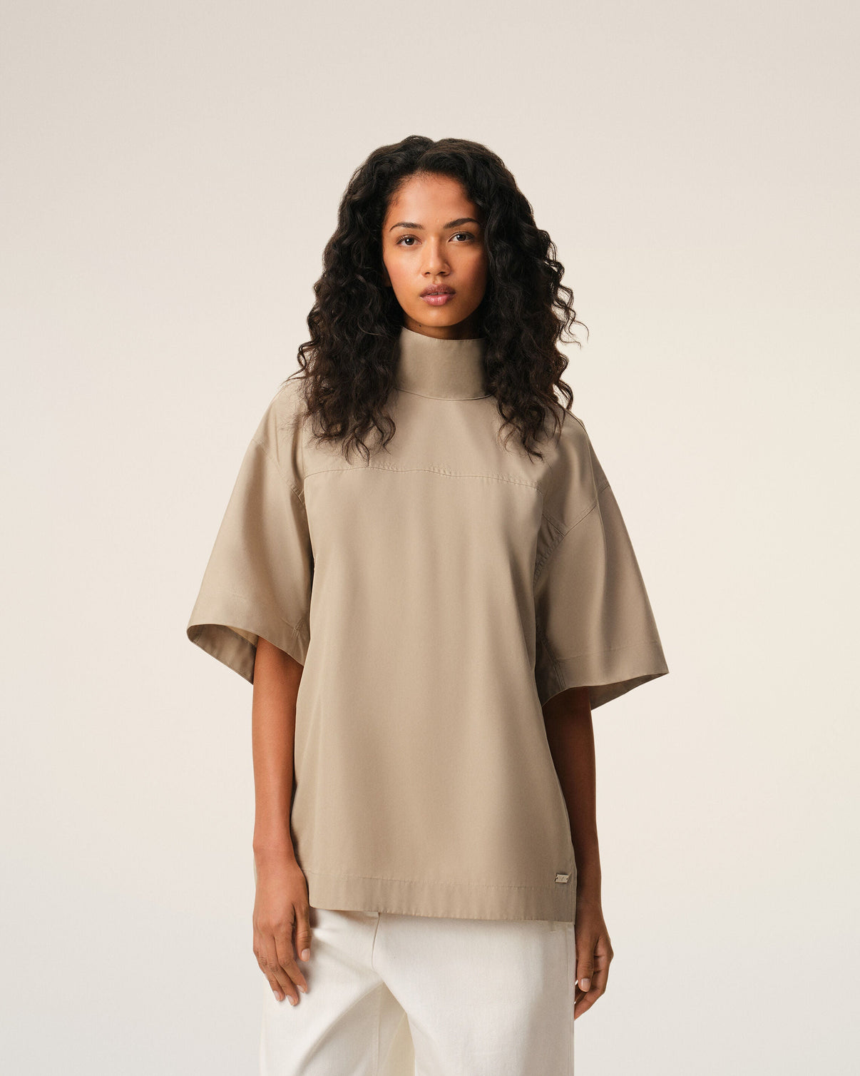 Beige Cotton Stand Up Collar Buttoned Top