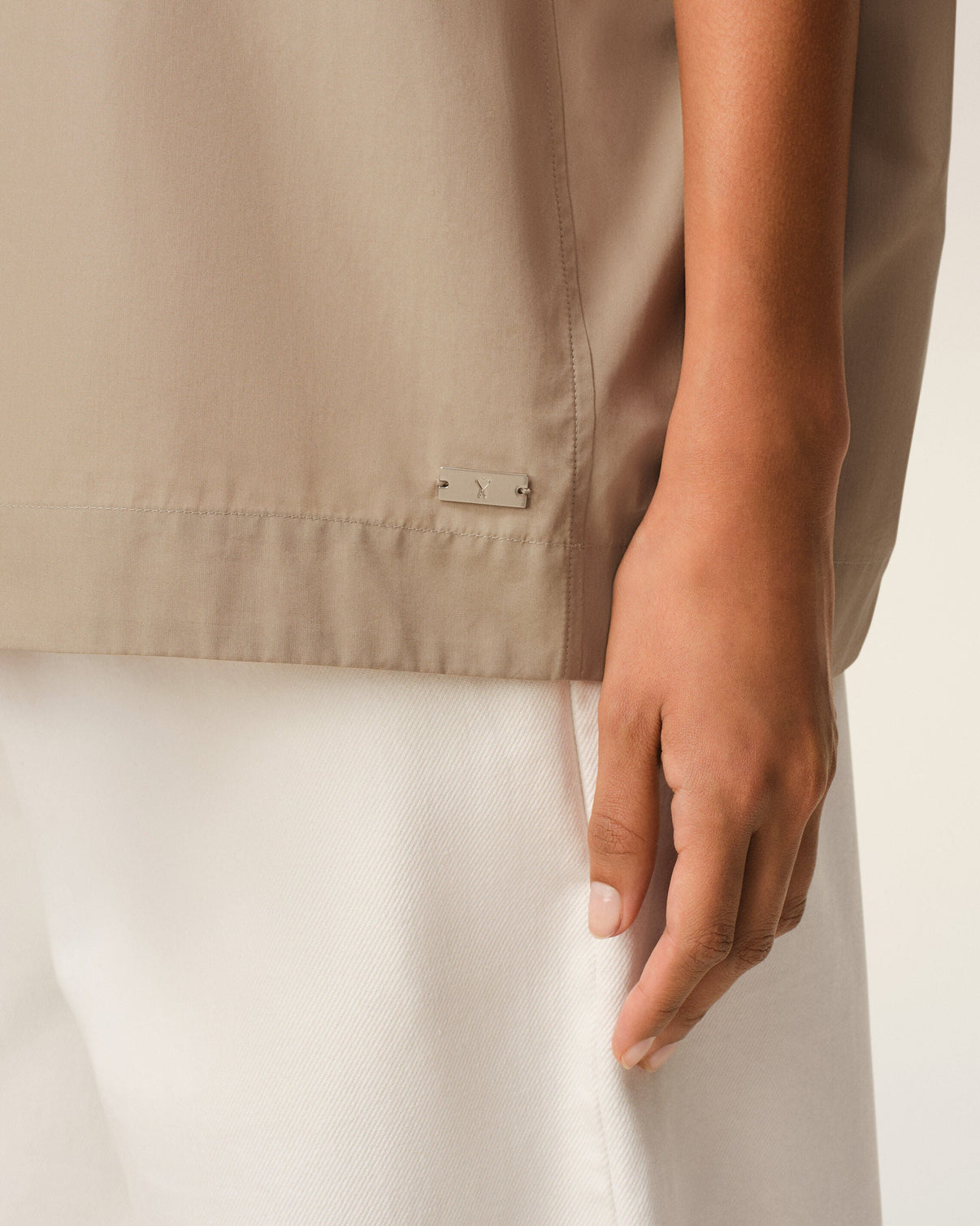Beige Cotton Stand Up Collar Buttoned Top