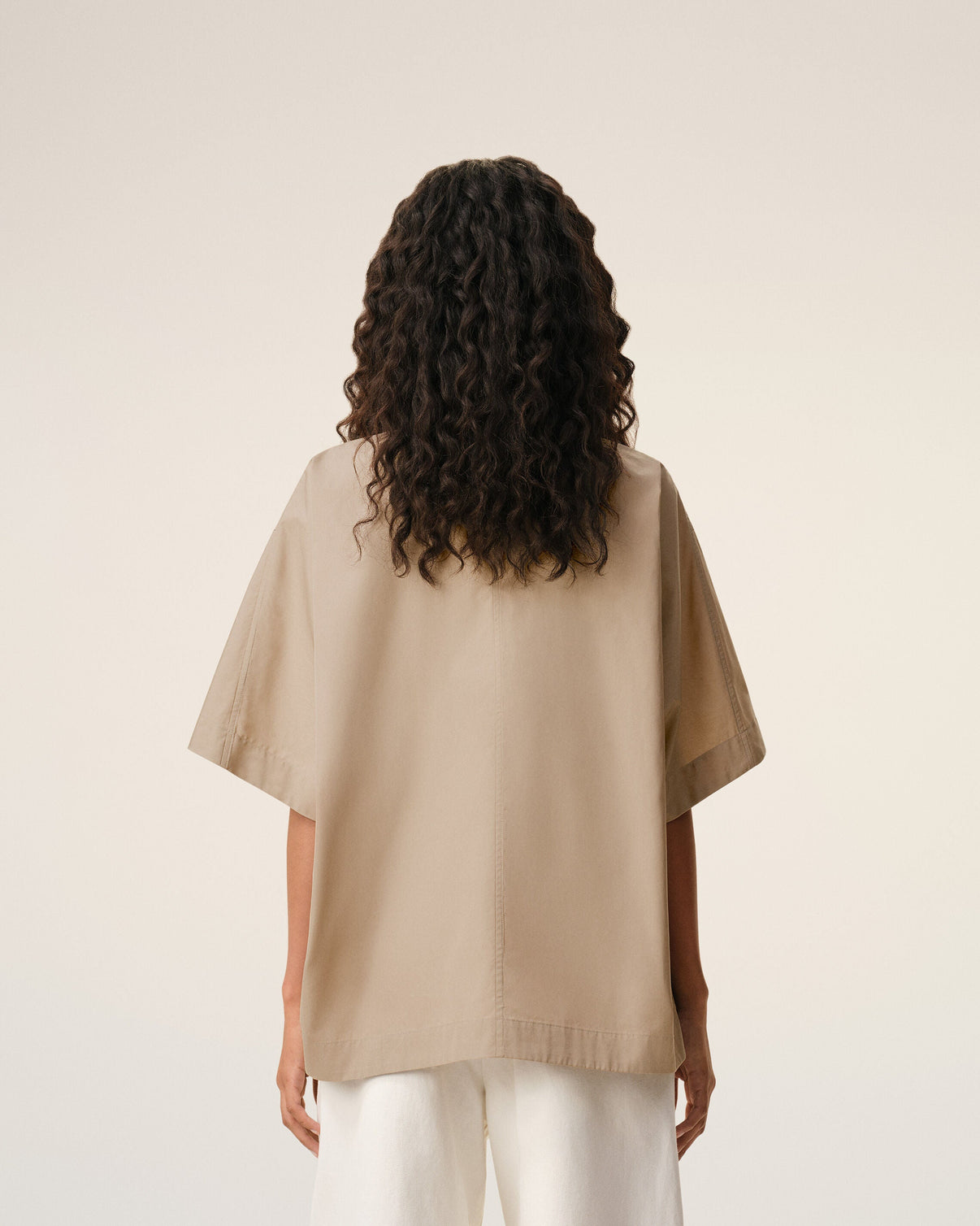 Beige Cotton Stand Up Collar Buttoned Top