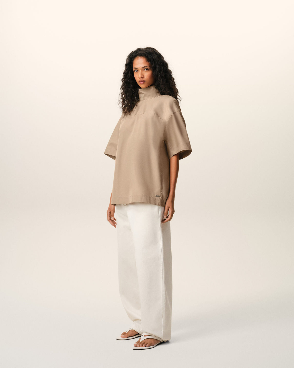 Beige Cotton Stand Up Collar Buttoned Top