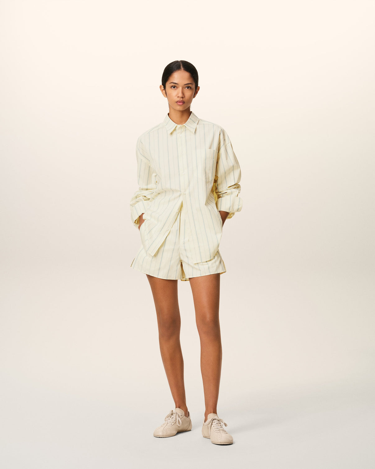 Beige Cotton Striped Short