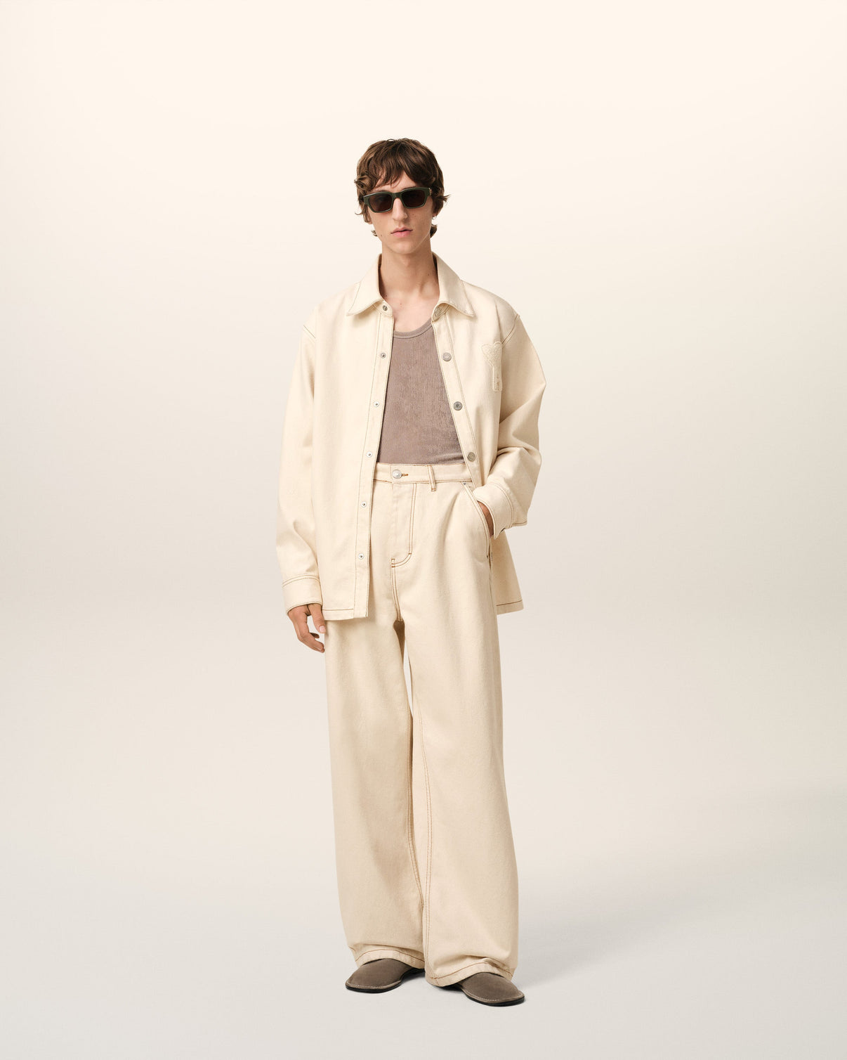 Beige Cotton Wide Fit Jeans