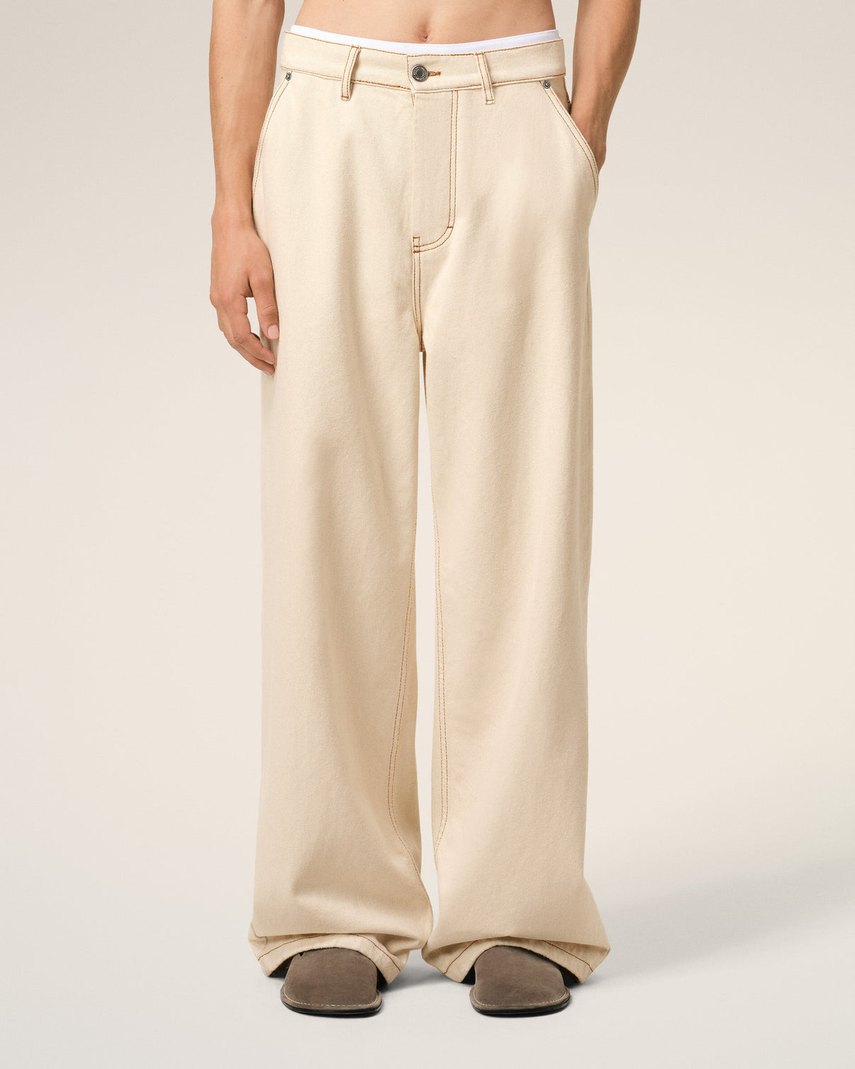 Beige Cotton Wide Fit Jeans