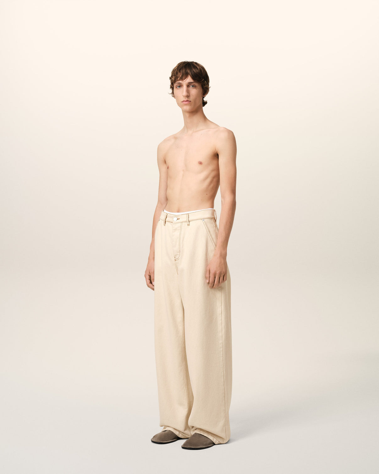 Beige Cotton Wide Fit Jeans
