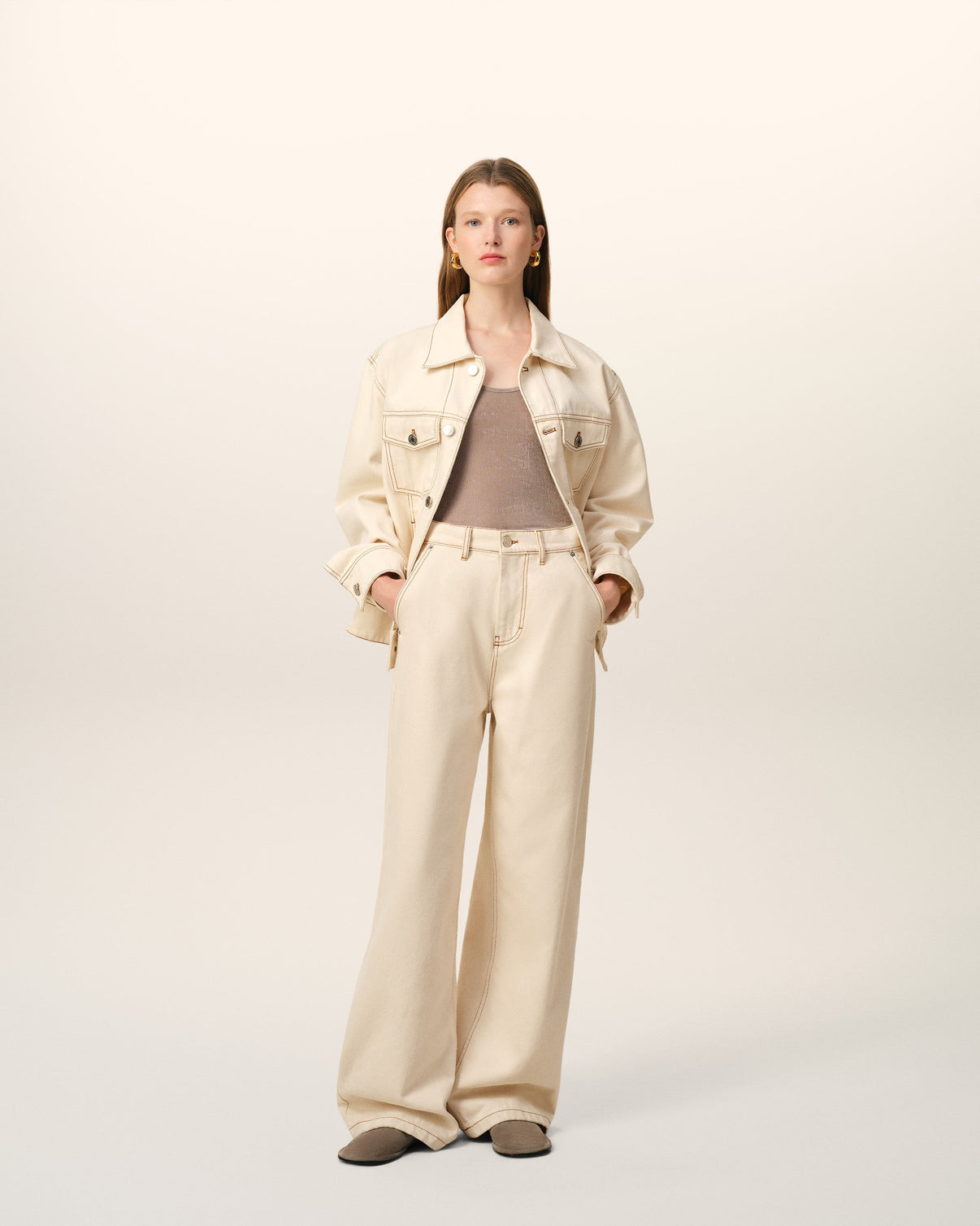 Beige Cotton Wide Fit Jeans