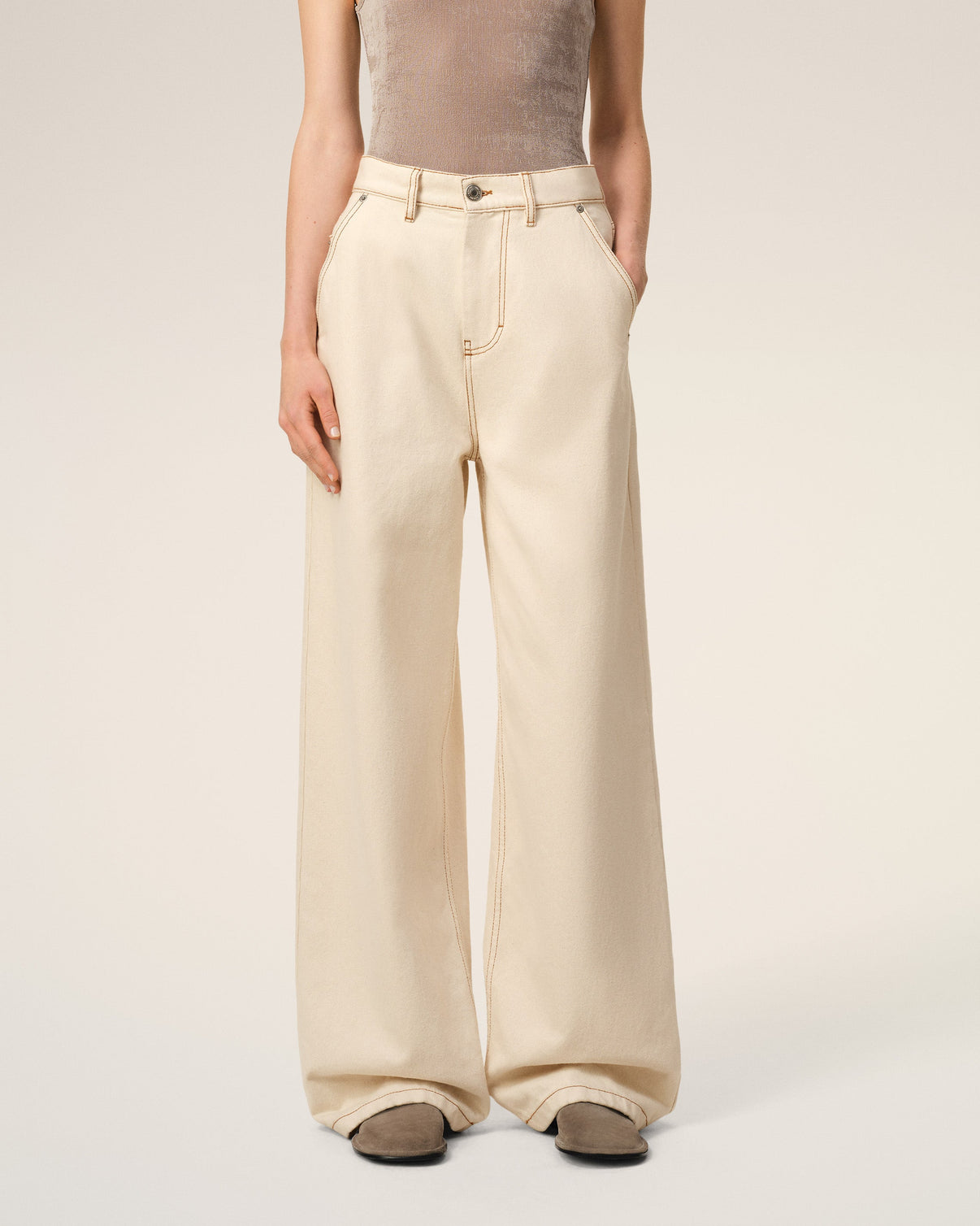 Beige Cotton Wide Fit Jeans