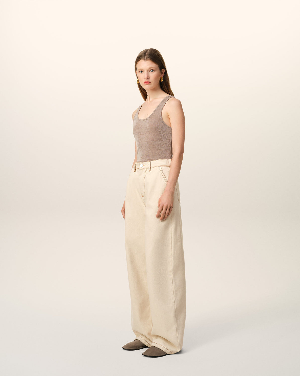 Beige Cotton Wide Fit Jeans
