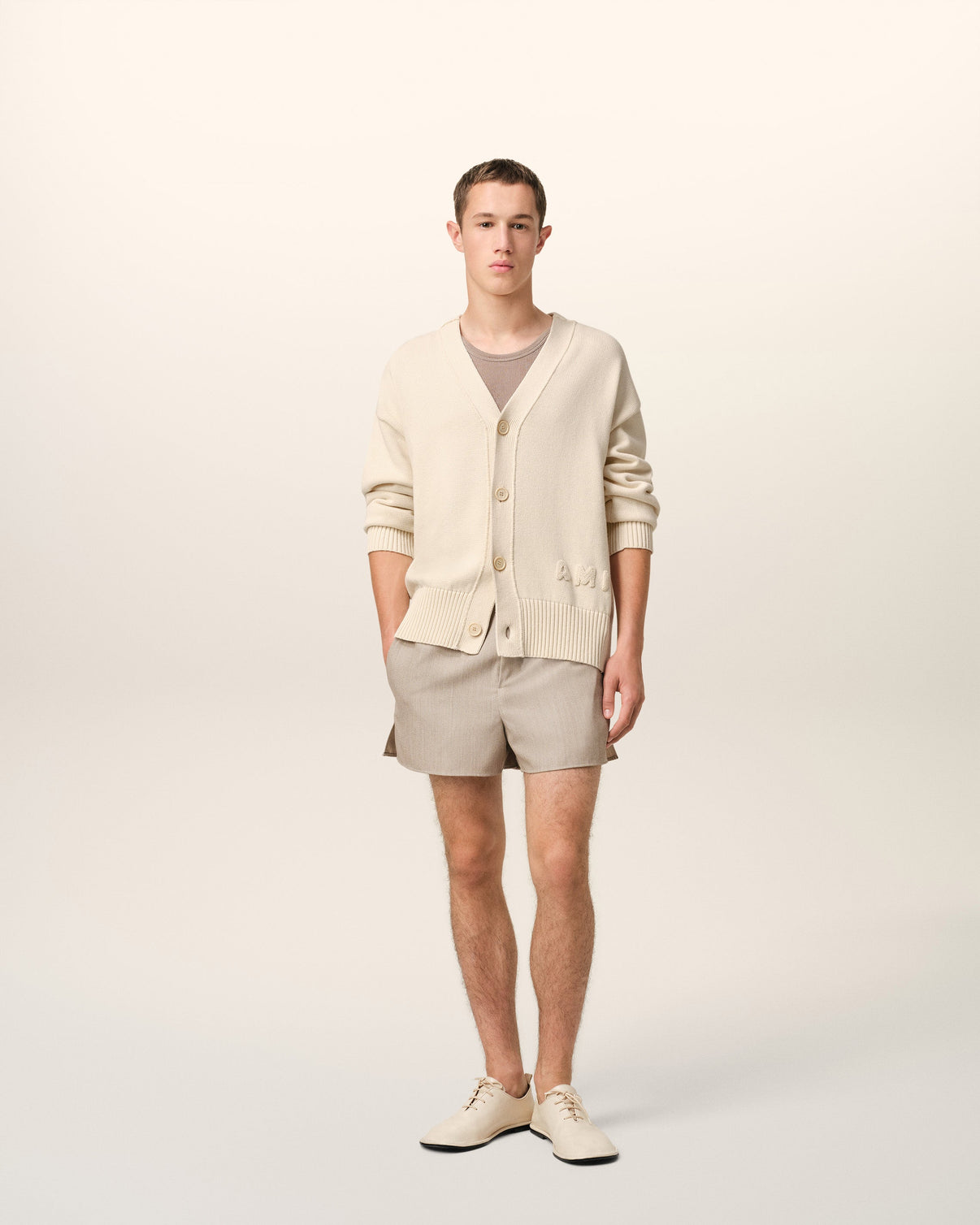 Beige Cotton Wool Embroidered Cardigan