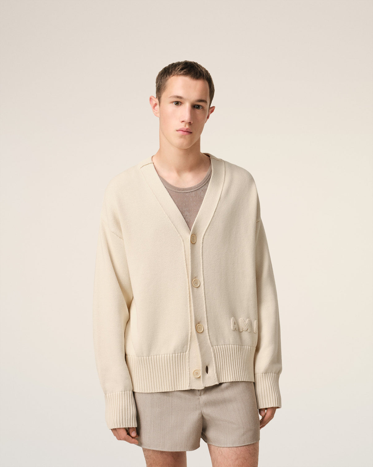 Beige Cotton Wool Embroidered Cardigan