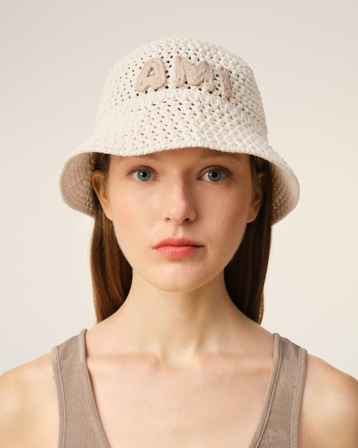 Beige Knit Patch Bucket Hat