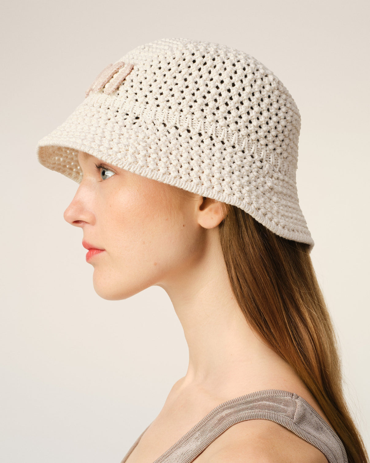 Beige Knit Patch Bucket Hat