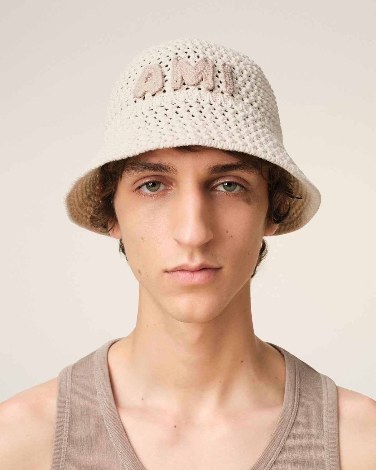 Beige Knit Patch Bucket Hat