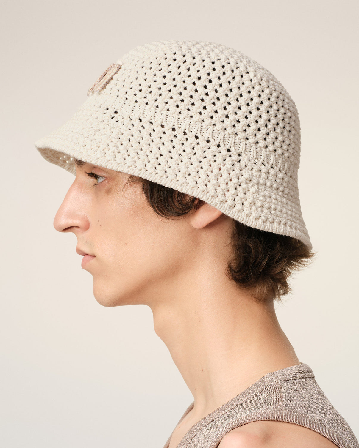 Beige Knit Patch Bucket Hat